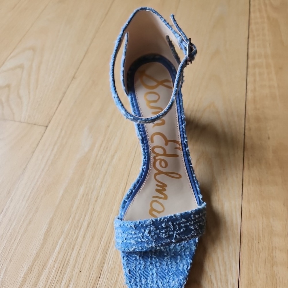 Sam Edelman Daniella Blue Distressed Frayed Denim Block Heel Sandals Womens 7.5 - Picture 4 of 10